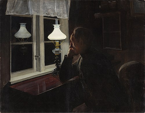 Alene. Interiør ved lampelys med en mand siddende i tanker, 1899, Laurits Andersen Ring