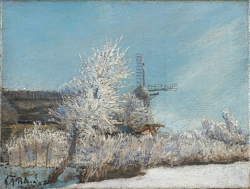 Vinterdag med mølle og stråtækt gård, 1921, Laurits Andersen Ring