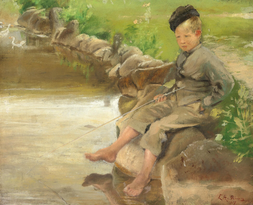 A boy sitting at the village pond., 1887, Laurits Andersen Ring