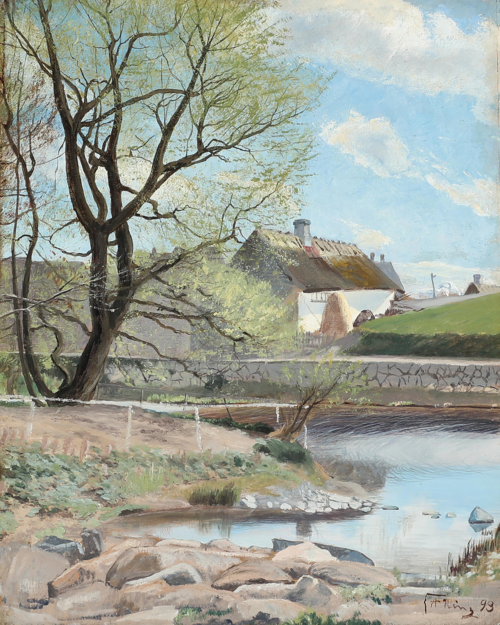 Sunny spring day with a stream near at house., 1893, Laurits Andersen Ring
