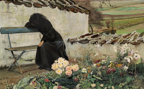 A young woman in black on a bench at the cemetary of Fløng church., 1909, Laurits Andersen Ring