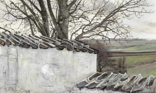 Et bladløst træ ved kirkegårdsmuren i Fløng, 1904, Laurits Andersen Ring