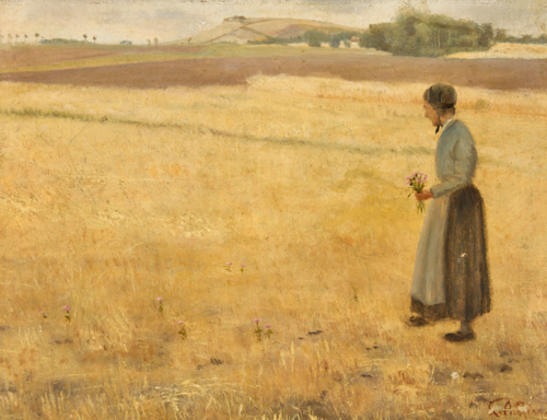 A farmer's wife with a bouquet of wild flowers in a field., 1887, Laurits Andersen Ring
