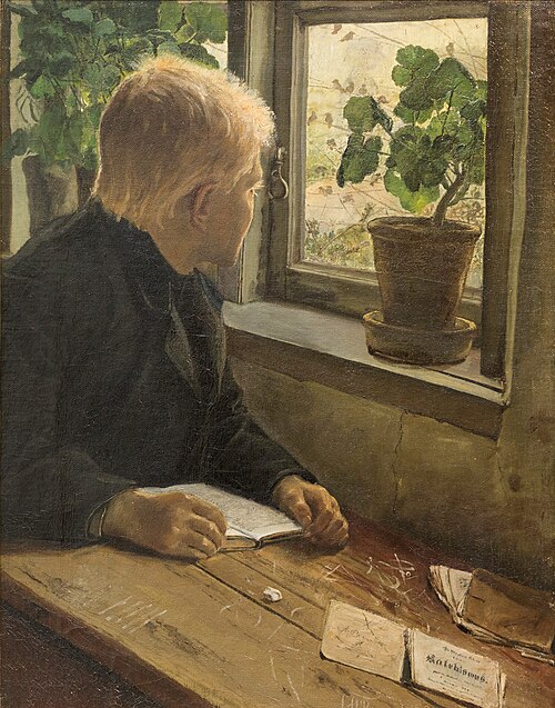 Bondedreng ved sine lektier, 1883, Laurits Andersen Ring
