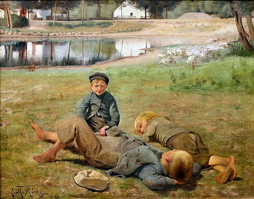 Gåsevogterne ved gadekæret i landsbyen Ring, 1886, Laurits Andersen Ring