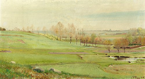 Spring landscape with light green fields; small pond and to the right Mogenstrup, 1888, Laurits Andersen Ring