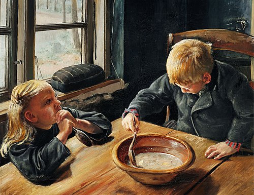 A boy and a girl eating supper, 1884, Laurits Andersen Ring