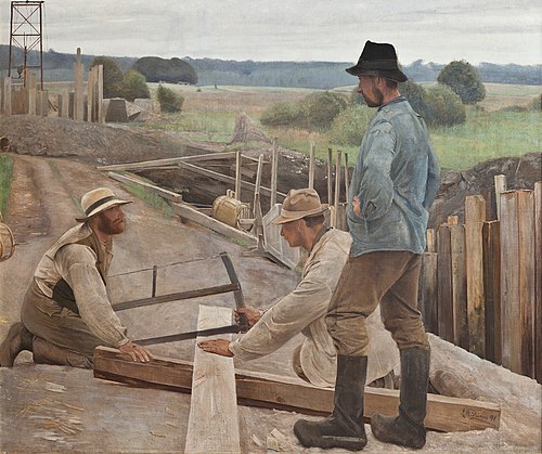 Ouvriers devant une conduite d'eau à Søndersø, 1885, Laurits Andersen Ring