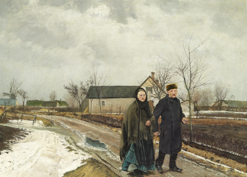 Vejen gjennem Landsbyen. Naar Sneen smelter. Tunge, graa Skyer. Paa Vejen spadserer en Mand i Vinter, 1907, Laurits Andersen Ring