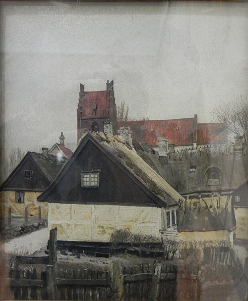 Stråtækte huse og kirke i St. Jørgensberg, 1916, Laurits Andersen Ring