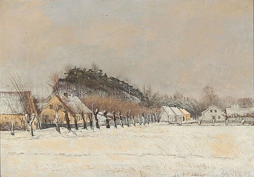 Road from Frederiksværk to Torup. Snow landscape with old yellow houses, 1899, Laurits Andersen Ring