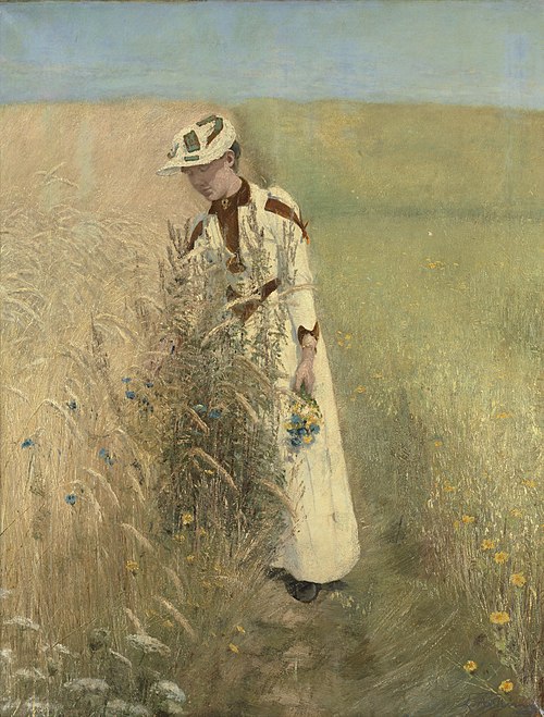 Sommer. Fru Johanne Wilde plukker markblomster. Aalsgaarde, 1890, Laurits Andersen Ring