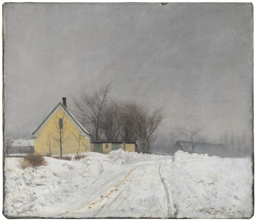 Foggy Winter Day. To the Left a Yellow House. Deep Snow, 1910, Laurits Andersen Ring