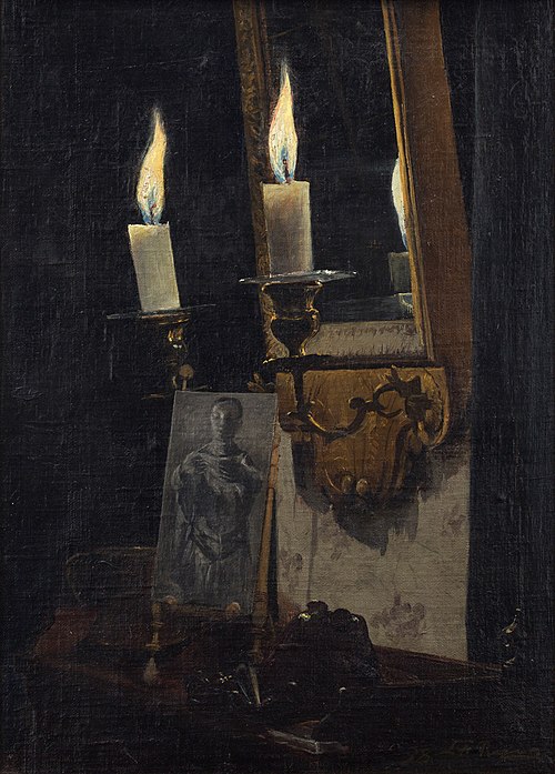 Lille interiør med brændende lys, 1898, Laurits Andersen Ring