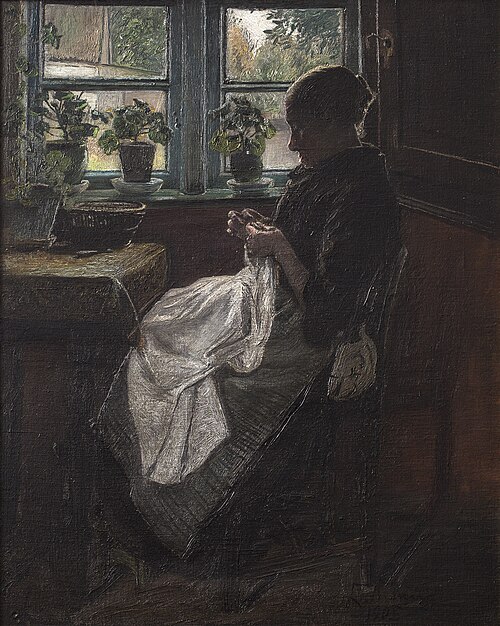En kone siddende ved et vindue med sit sytøj, 1905, Laurits Andersen Ring