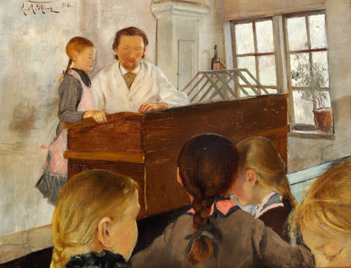 En Time i en Landsbyskole. En Pige er oppe ved Katederet ved Siden af Læreren; fire andre Piger paa , 1886, Laurits Andersen Ring