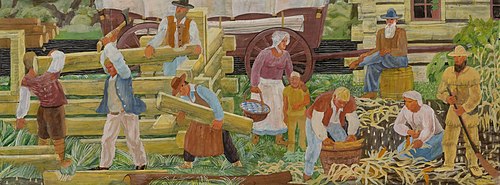 Pioneers Tilling Soil and Building Log Cabin (mural study, Carthage, Illinois Post Office), 1938, Karl Kelpe