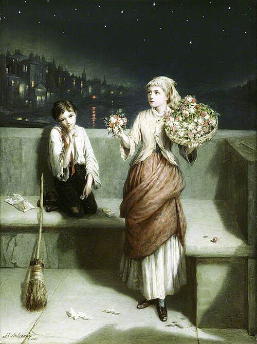 A London Crossing Sweeper and Flower Girl, 1884, Augustus Edwin Mulready
