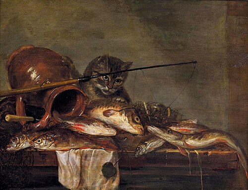 Still life with fish catch, fishing rod and curious cat, 1648, Jan Dirven