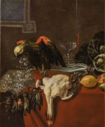 Still life with table ware, game and a parrot, 1650, Jan Dirven