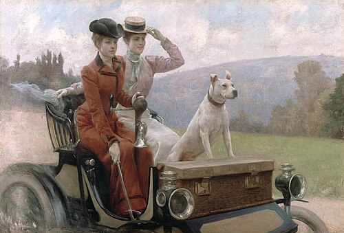 Les dames Goldsmith au bois de Boulogne en 1897 sur une voiturette Peugeot, 1901, Julius LeBlanc Stewart