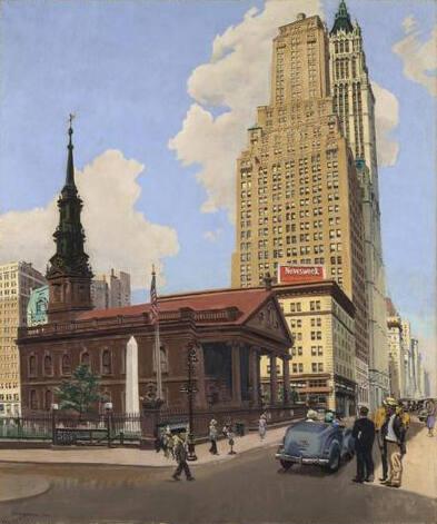 St. Paul's Chapel with Woolworth Building, 1940, Saul Berman