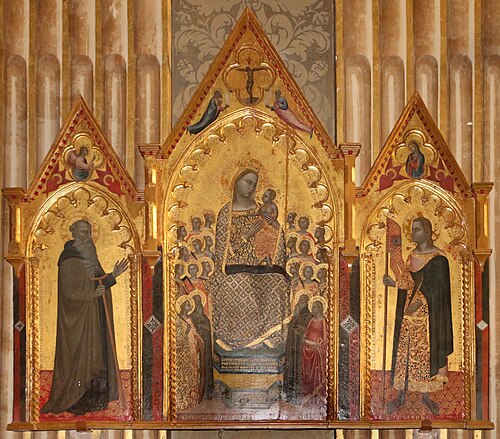 madonna col bambino, angeli e santi tra i ss. antonio abate e giuliano, 1369, Allegretto Nuzi