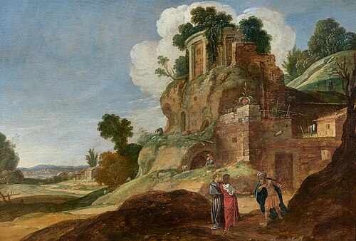 A rocky, southern landscape, with Abraham receiving the three angels (Genesis 18:2-6), 1618, Jacob Symonsz. Pynas