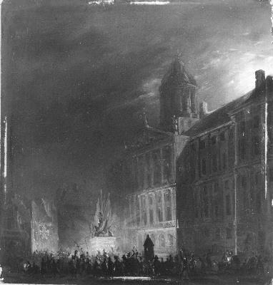 Het feest op de Dam bij avond ter gelegenheid van de terugkeer van de schutterij uit Brabant op 5 se, 1834, Jacobus Pelgrom