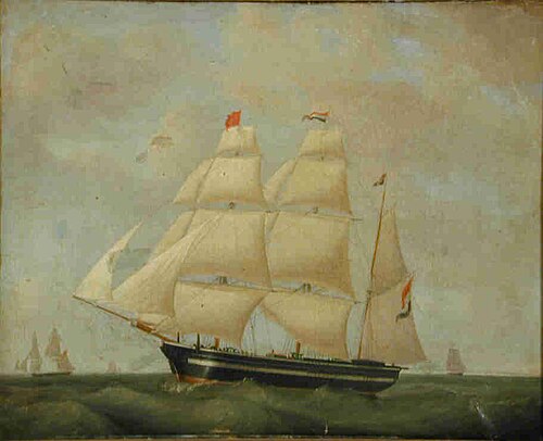 Het barkschip Pollux of Cheribon zeilende in het Kanaal, 1840, Casparus Johannes Morel