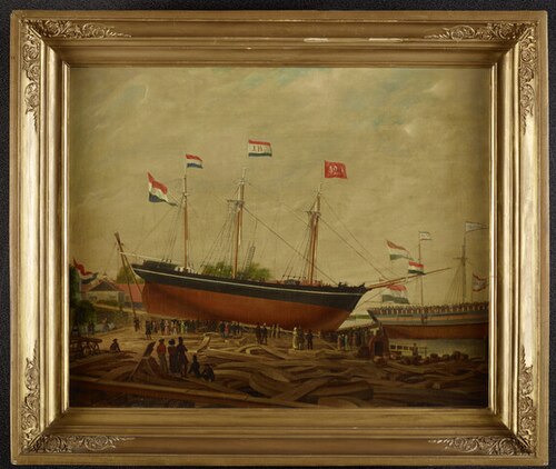 De tewaterlating van het barkschip Plancius, 1840, Casparus Johannes Morel