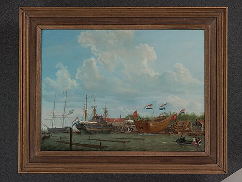 De tewaterlating van het fregatschip Olivier van Noort op de werf Hollandia te Amsterdam, 1829, Casparus Johannes Morel