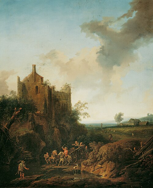 Landscape with a ruined castle near a fordable place in the river, 1746, Christian Hilfgott Brand
