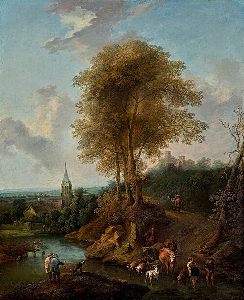 Landscape with a fordable place in a brook with peasants and cattle, 1746, Christian Hilfgott Brand