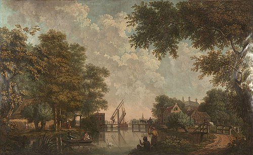 Wall decor with landscape from Nieuwe Doelenstraat 22 (drawbridge), 1776, Jurriaan Andriessen