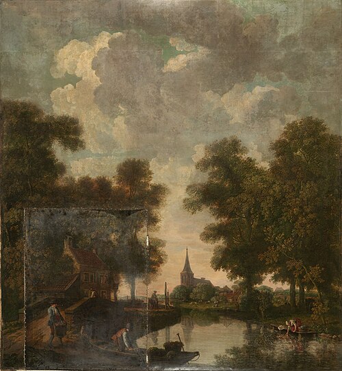 Wall decor with landscape from Nieuwe Doelenstraat 22 (church spire), 1776, Jurriaan Andriessen