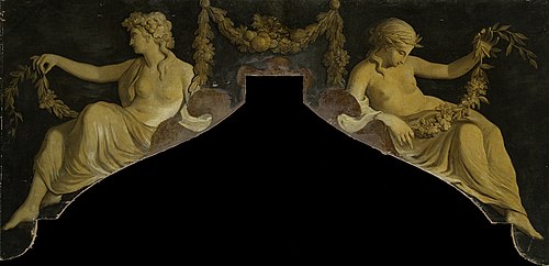 Dessus de porte with a presentation of two reclining women with garlands, 1786, Jurriaan Andriessen