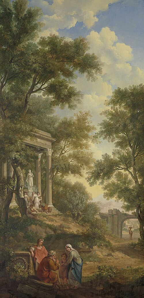 Arcadisch landschap met links een tempel en op de voorgrond een zittende oude man, 1771, Jurriaan Andriessen