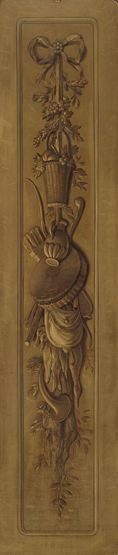 Schildering in grisaille met een aan een strik opgehangen trofee, 1771, Jurriaan Andriessen