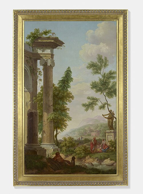 Arcadisch landschap met klassieke ruïnes en figuren bij de oever van een rivier, , Jurriaan Andriessen