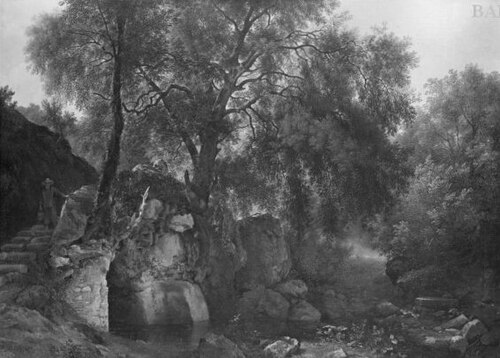 forest-landscape with a monk at a fountain, 1822, Abraham Teerlink