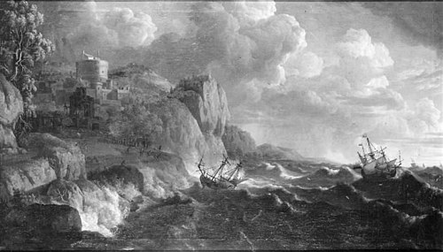 Klippekyst med oprørt sø og skibe i havsnød, 1704, Friedrich Wilhelm Boehme