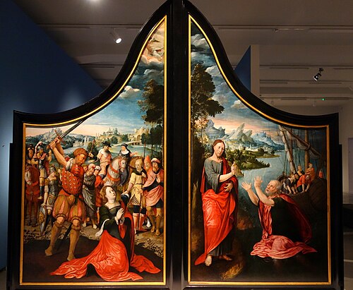 The Beheading of Saint Catherine of Alexandria (left) and the Miraculous Catch (right), 1562, Meester van de Sint-Nicolaastriptiek