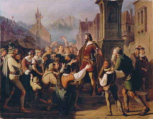Der als Minnesänger verkleidete Herzog Friedrich IV. gibt sich auf der Flucht aus Konstanz seinen tr, 1851, Franz Schams