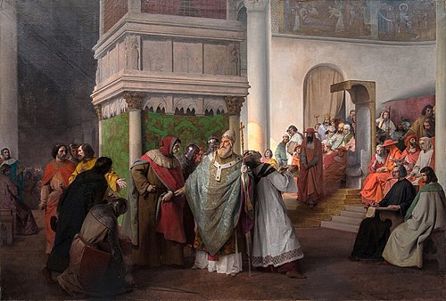 Priest Orlando of Parma sent by Arrigo IV of Germany and defended by Gregory VII against the just in, 1857, Francesco Hayez