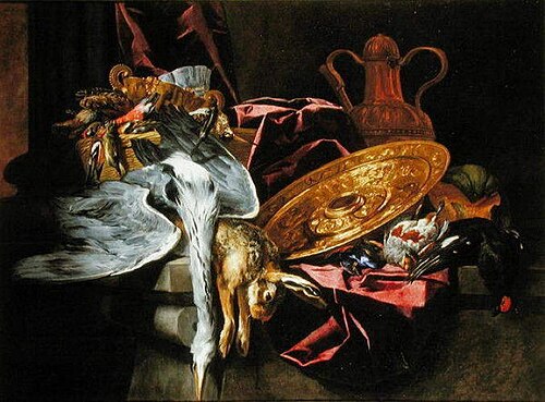 Still life with poultry, game and tableware, 1655, Pieter Boel