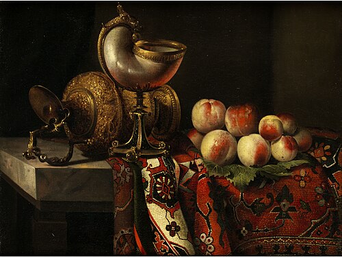 Still life with nautilus cup and peaches, 1650, Pieter Boel