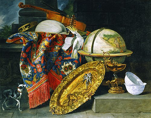 Martwa natura z globusem i papugą kakadu, 1658, Pieter Boel