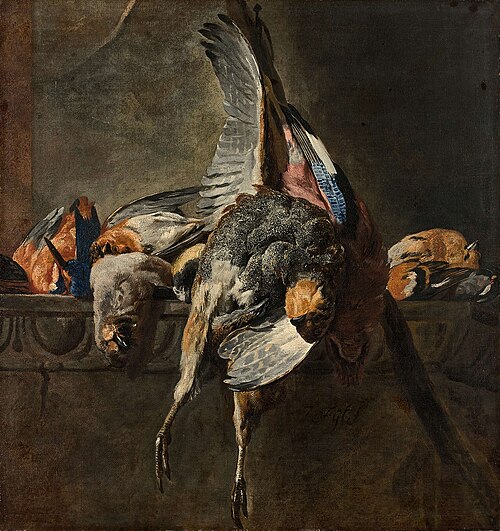 A partridge, a jay and a kingfisher on a ledge, 1650, Pieter Boel