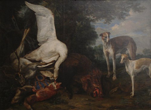 Twee honden bij jachtstilleven met hert, zwaan, vos en everzwijn, 1650, Pieter Boel